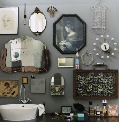 eclectic mirrors and display in bath