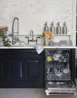 blue cabinets white marble